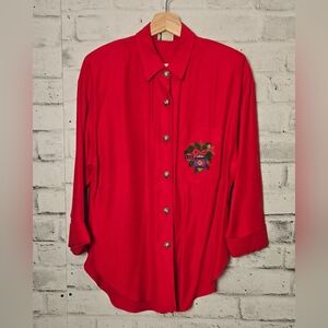 Vintage R&M Richards Red Christmas Blouse Embroidered Ornaments